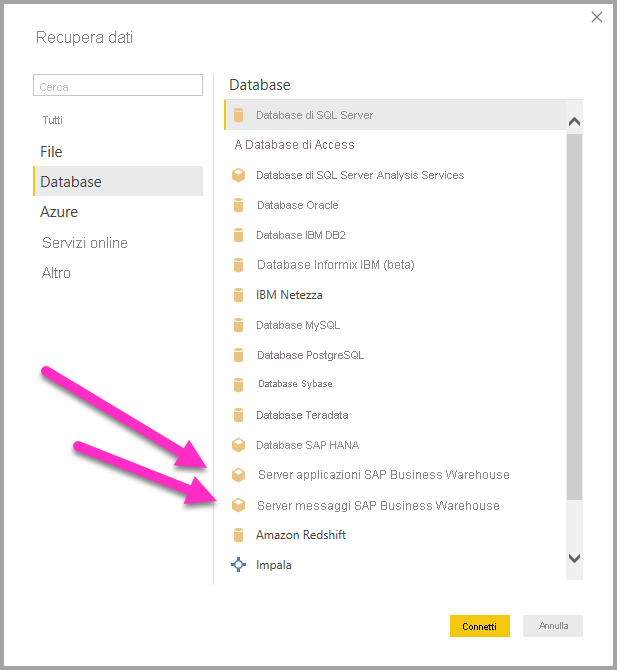 Screenshot che mostra le opzioni Recupera dati per SAP.