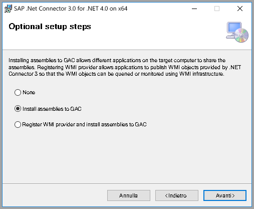 Screenshot dei passaggi di installazione facoltativi di SAP con l'opzione Installa assembly in GAC selezionata.