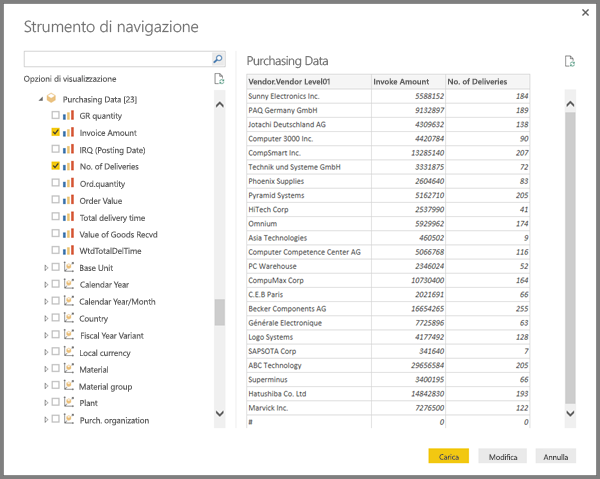 Screenshot di un'anteprima della tabella SAP nella schermata Strumento di navigazione.