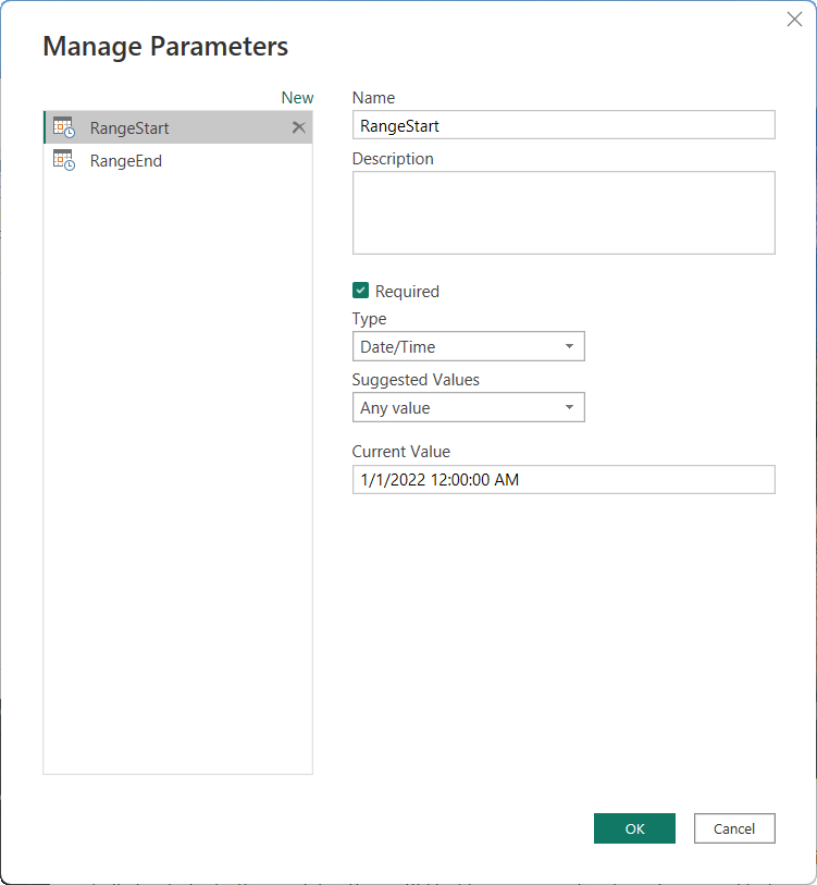 Screenshot della finestra di dialogo Gestisci parametri che mostra i parametri RangeStart e RangeEnd.