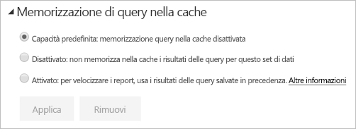 Finestra di dialogo Memorizzazione nella cache delle query