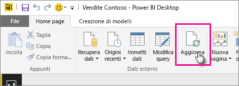 Screenshot that shows Refresh on the Power BI Desktop ribbon.