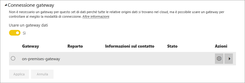 Screenshot of Power BI service's Gateway connection dialog.