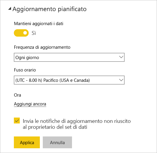 Screenshot of Power BI service's Scheduled refresh dialog.