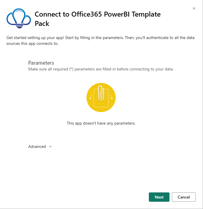 Screenshot that shows the Connect to Office365 Power BI Template Pack window.
