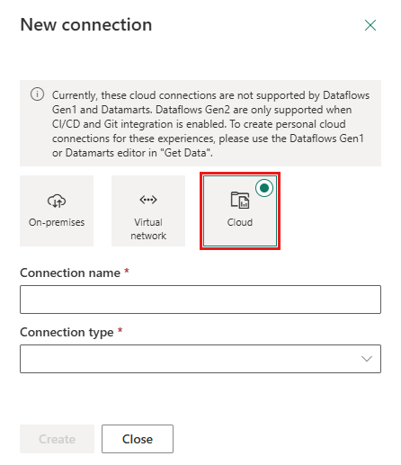 Screenshot della finestra di dialogo Nuova connessione nel servizio Power BI. Sono elencati tre tipi di connessioni. Tra questi, Cloud è evidenziato.