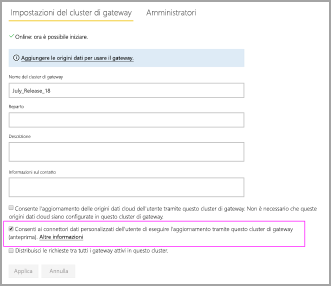 Screenshot that shows enabling custom connectors on the on-premises gateway Settings page.
