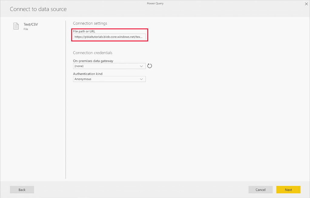 Screenshot shows Connect to data source where you enter the URL.