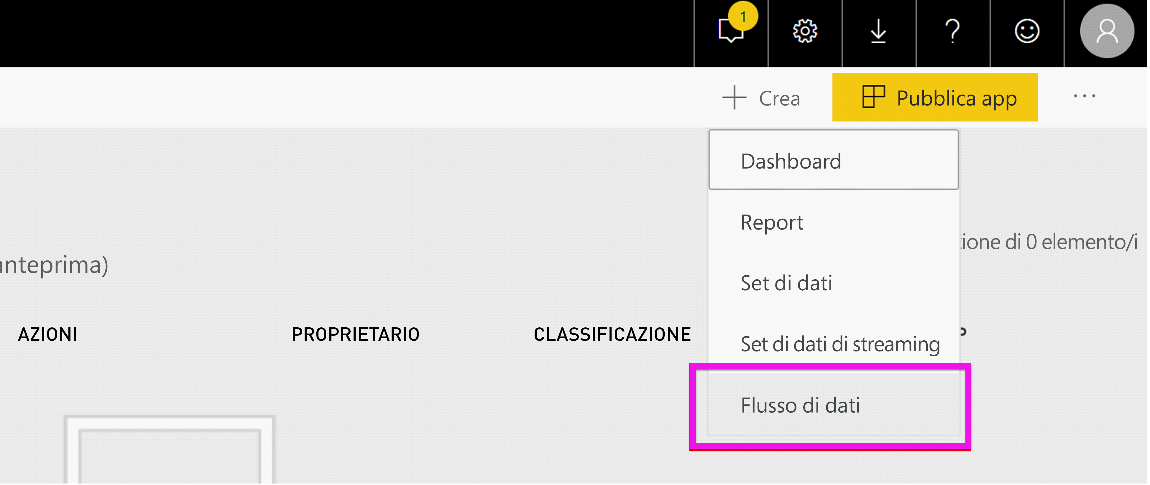 Screenshot shows the Power BI workspace with Create, then Dataflow, selected.