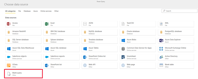 Screenshot shows Choose a data source, which includes Blank query.