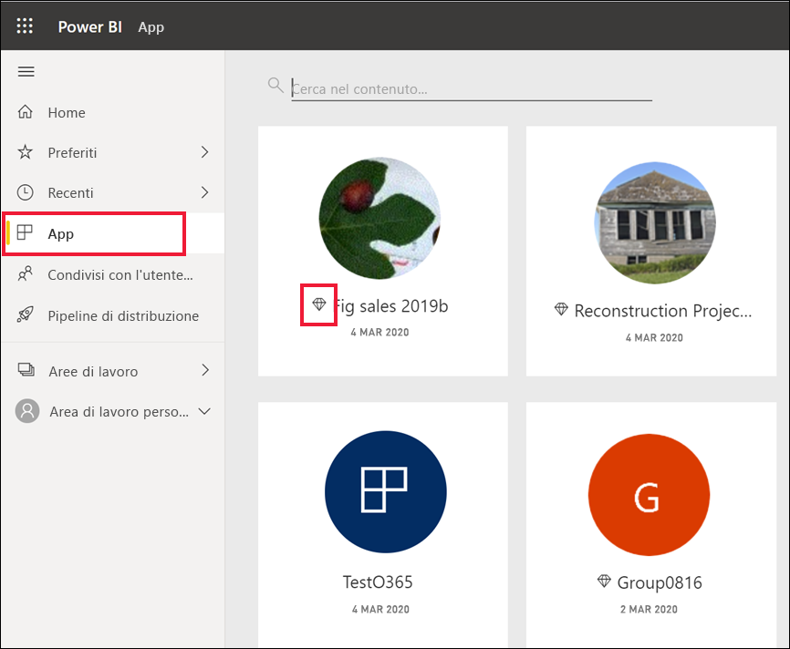 Screenshot che mostra l'icona a forma di rombo che rappresenta il contenuto archiviato nella capacità Premium.