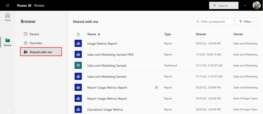 Screenshot di un elenco di contenuti Condivisi con me con più elementi.