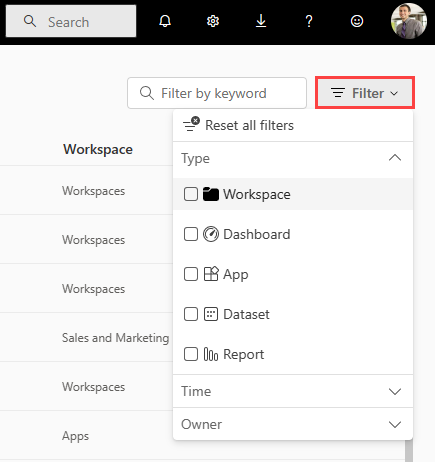 Screenshot del filtro in un elenco di contenuti recenti.