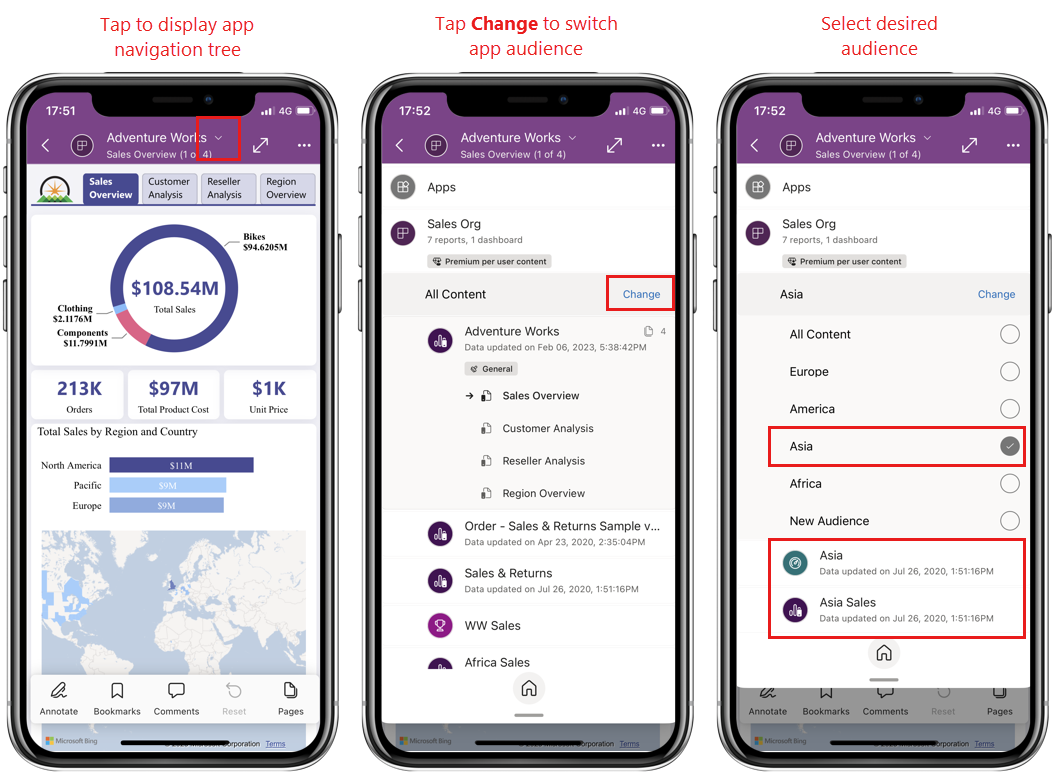 Illustrazione del passaggio dei destinatari delle app nell'app Power BI per dispositivi mobili.