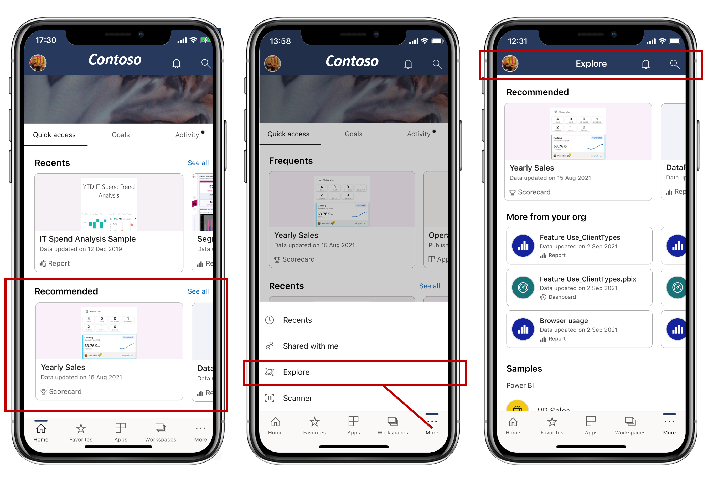 Screenshot dell'esplorazione dell'app Power BI per dispositivi mobili.