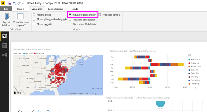 Screenshot che mostra come attivare il riquadro Segnalibri in Power BI Desktop.