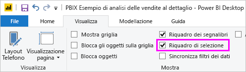 Screenshot che mostra l'abilitazione del riquadro Selezione.