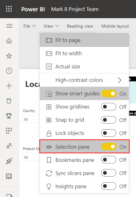 Screenshot che mostra come attivare il riquadro Selezione nel servizio Power BI.