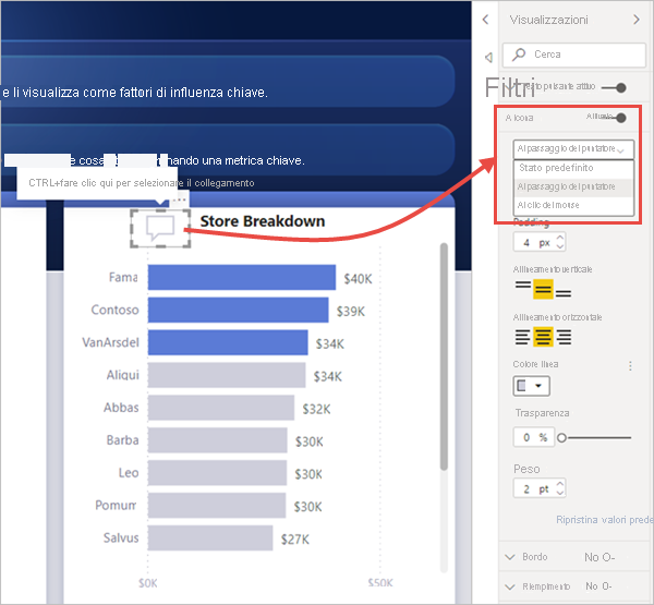 Screenshot showing the On hover state of a button in a Power BI report.