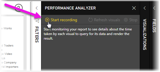 Screenshot dell'analizzatore prestazioni, con evidenziato Avvia registrazione.