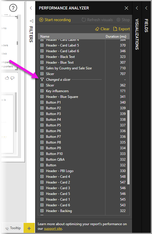 Screenshot of the Performance Analyzer pane, highlighting the Changed a slicer interaction type.