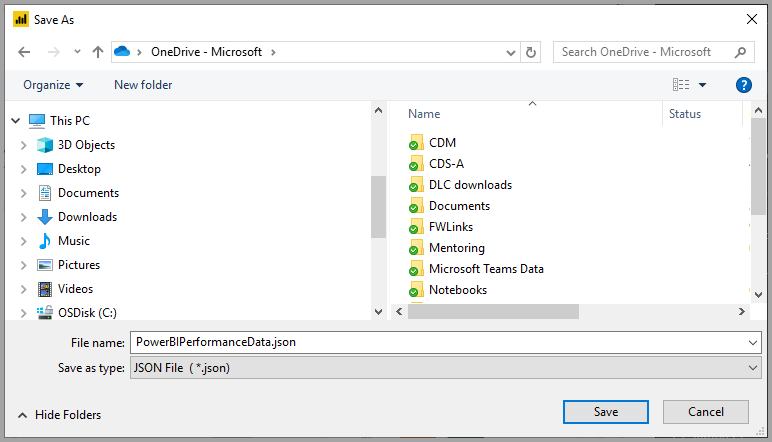 Screenshot della finestra Salva con nome che mostra la creazione di un file .json.