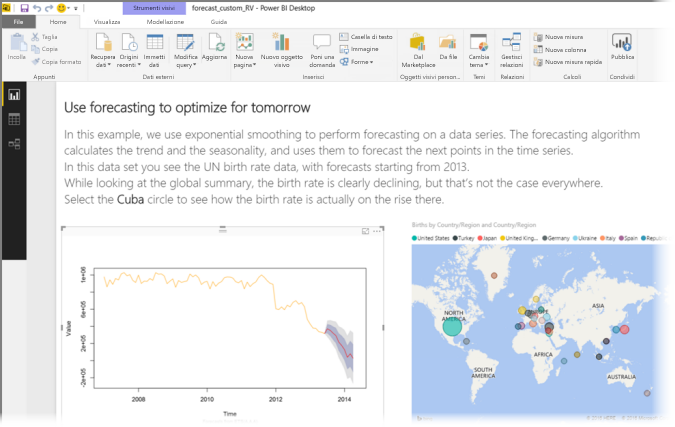 Screenshot of the R-powered forecasting visual working with birth rate data and projections.