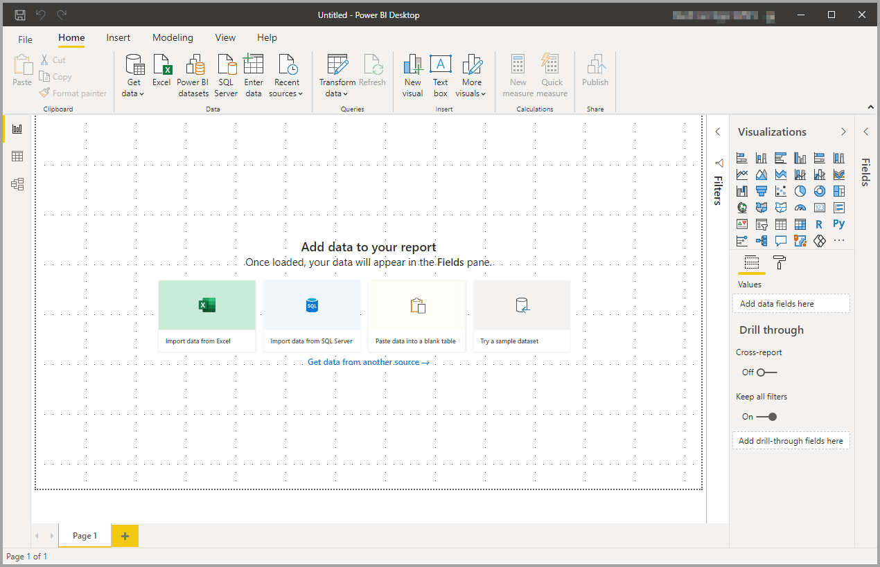 Screenshot che mostra Power BI Desktop nella visualizzazione Report con un'area di disegno vuota.