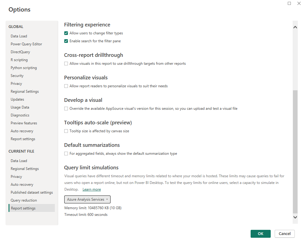 Screenshot del menu delle opzioni in cui è disponibile la sezione simulazioni del limite di query.