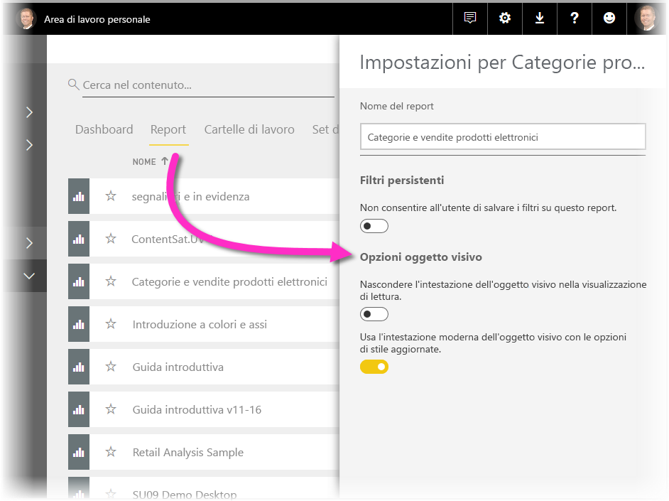 Screenshot of the settings for a report in the Power BI service.