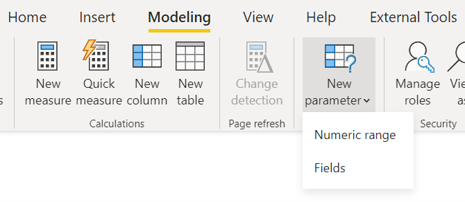 Screenshot della barra multifunzione Modellazione, che mostra le opzioni nell'elenco a discesa Nuovo parametro.