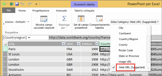 Data category dropdown in Excel