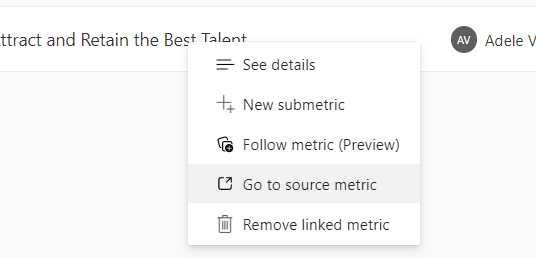 Screenshot showing option to go to source metric.