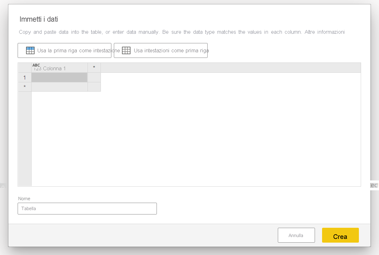 Screenshot of the Power Query window for entering data.