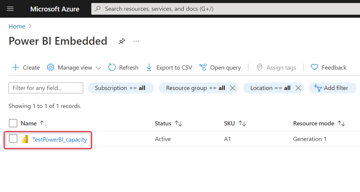 Screenshot del portale di Azure, che mostra l'elenco di capacità di Power BI Embedded.