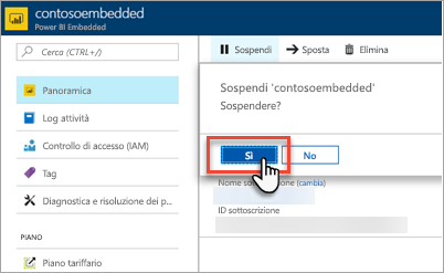 Screenshot del portale di Azure, che mostra il pulsante Sì evidenziato nella finestra di dialogo per la sospensione della capacità.