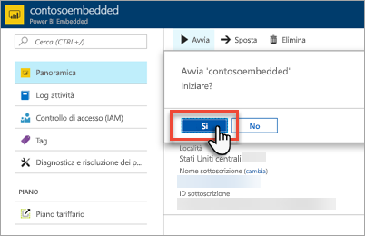 Screenshot del portale di Azure, che mostra il pulsante Sì evidenziato nella finestra di dialogo della capacità di avvio.
