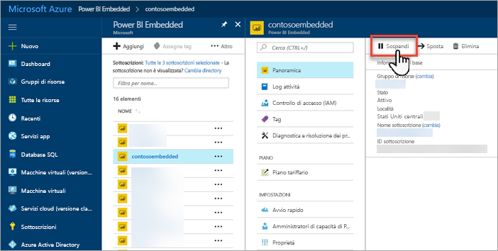 Screenshot del portale di Azure, che mostra il pulsante Pausa evidenziato.