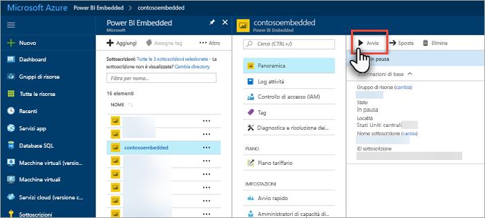 Screenshot del portale di Azure, che mostra il pulsante Start evidenziato.
