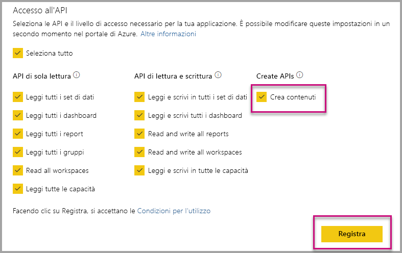 Screenshot dello strumento di installazione dell'incorporamento di Power BI, che mostra l'opzione Crea API selezionata.