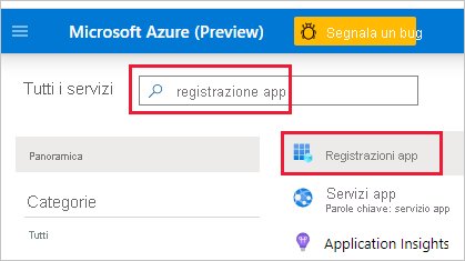 Screenshot del portale di Azure, con registrazione dell'app nella casella di ricerca. Tale casella e l'icona Registrazioni app sono evidenziate.