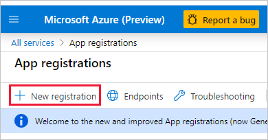 Screenshot della pagina Registrazioni app nella portale di Azure. La nuova registrazione è evidenziata.