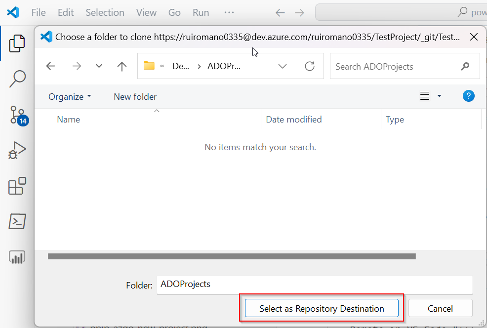 Screenshot della selezione del repository clone di integrazione di PBIP e Azure DevOps.