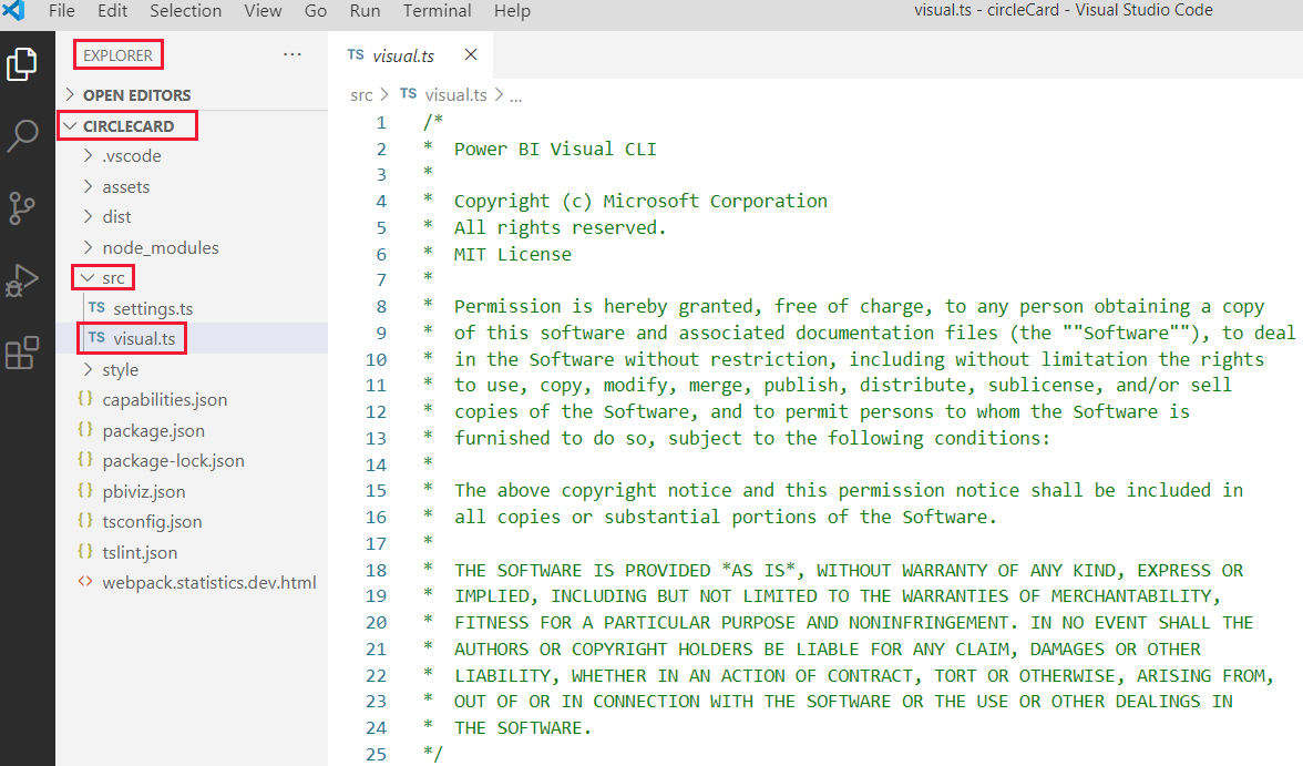 Screenshot dell'accesso al file visual.ts nel codice V S.