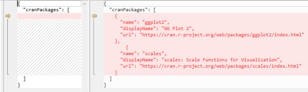 Lo screenshot mostra un confronto delle differenze dove è stato aggiunto contenuto agli elementi cranPackages.