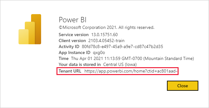 Screenshot della finestra di dialogo Informazioni su Power BI con l'utente guest Tenant U L evidenziata.