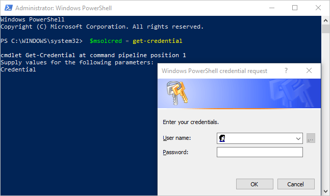 Screenshot dell'accesso ad Azure Active Directory tramite PowerShell.