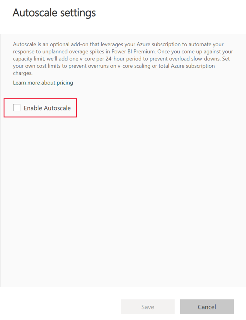 Screenshot della selezione della pagina Impostazioni di scalabilità automatica. La casella di controllo Abilita scalabilità automatica è evidenziata.