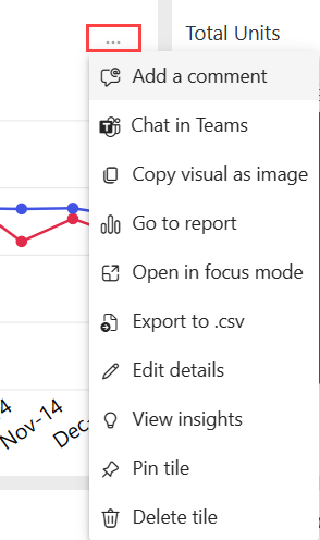 Screenshot delle opzioni del menu azione del riquadro di Power BI.