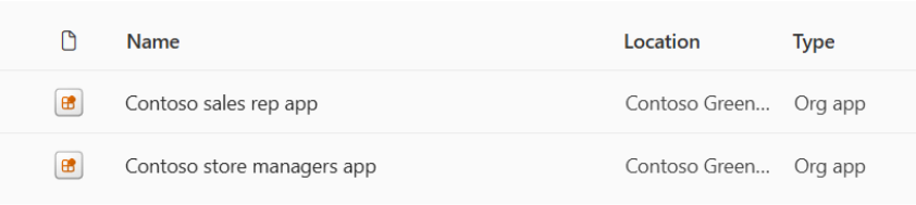 Screenshot degli elementi dell'app dell'organizzazione nell'elenco delle aree di lavoro.